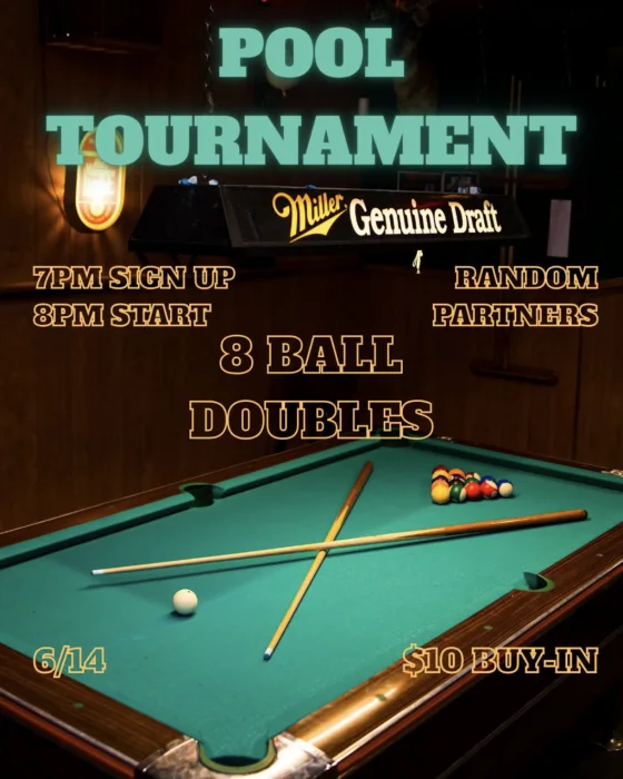 Archived Easy Tiger Pool Tournament poster photographed over the venue pool table.